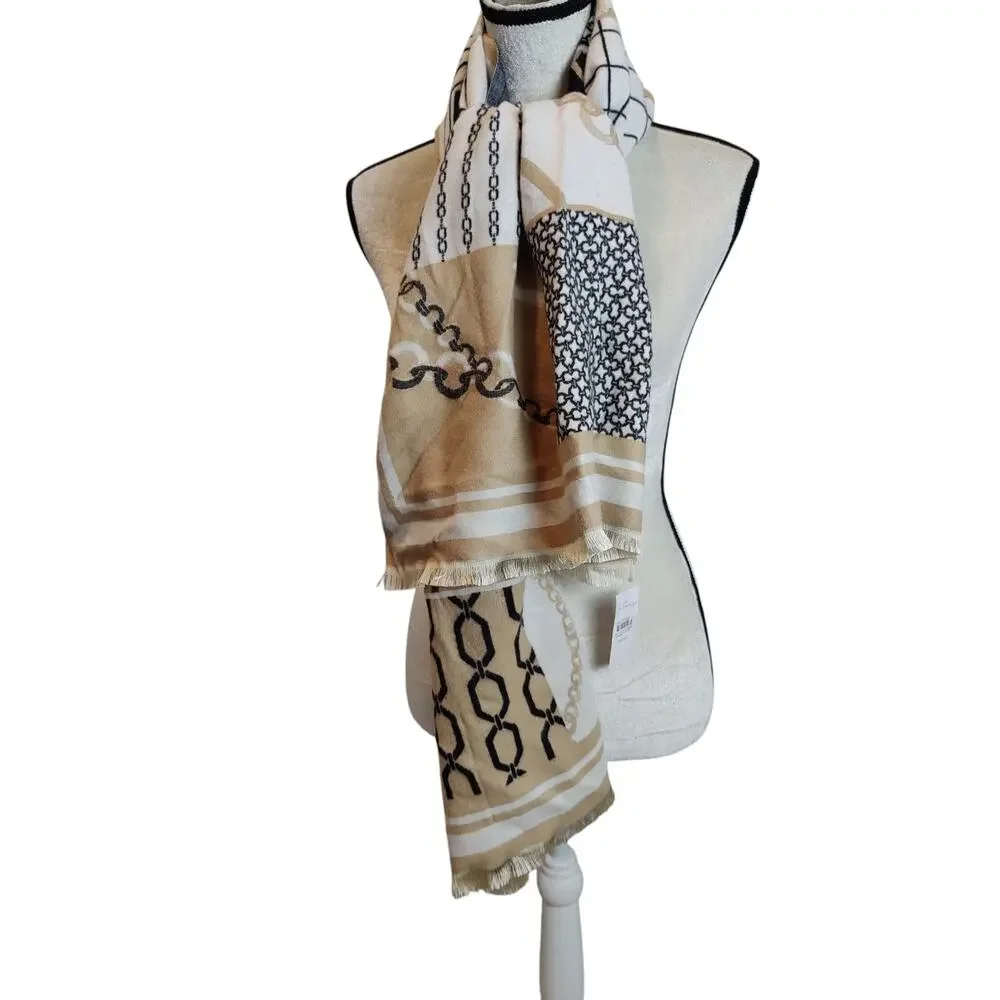 NWT Ann Taylor Women's Super Soft Scarf Shawl Tan Black Chain Luxe